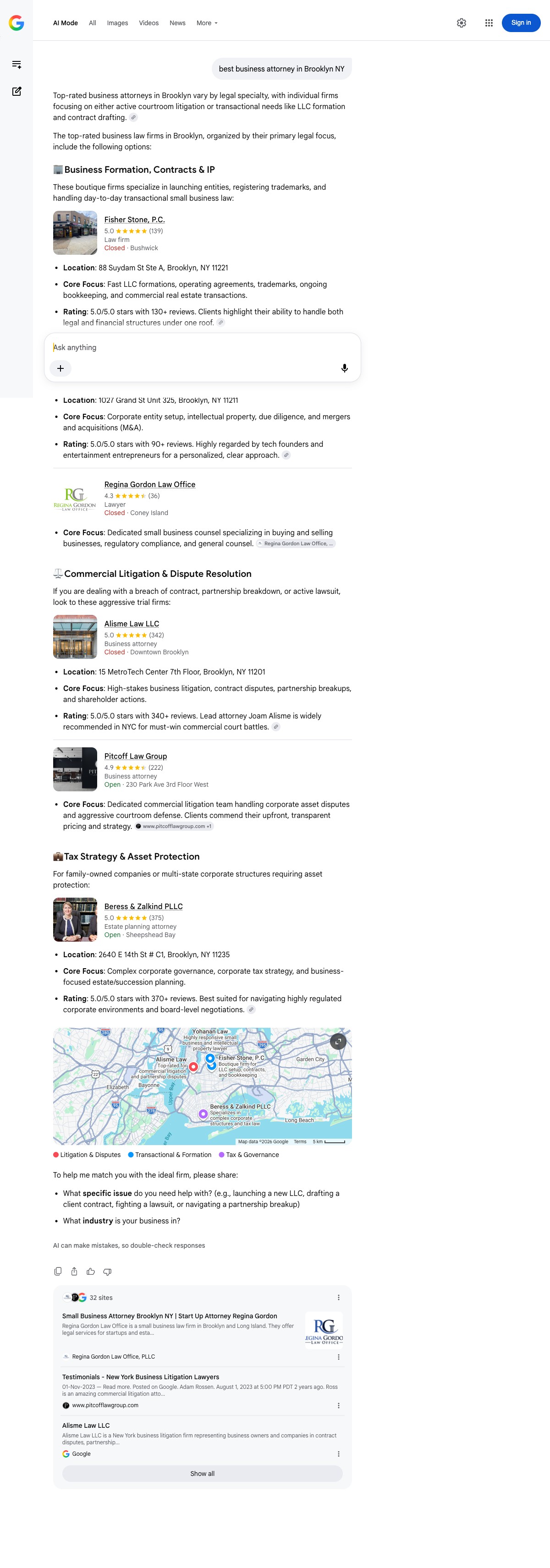 Google AI Mode results for best business attorney in Brooklyn NY
