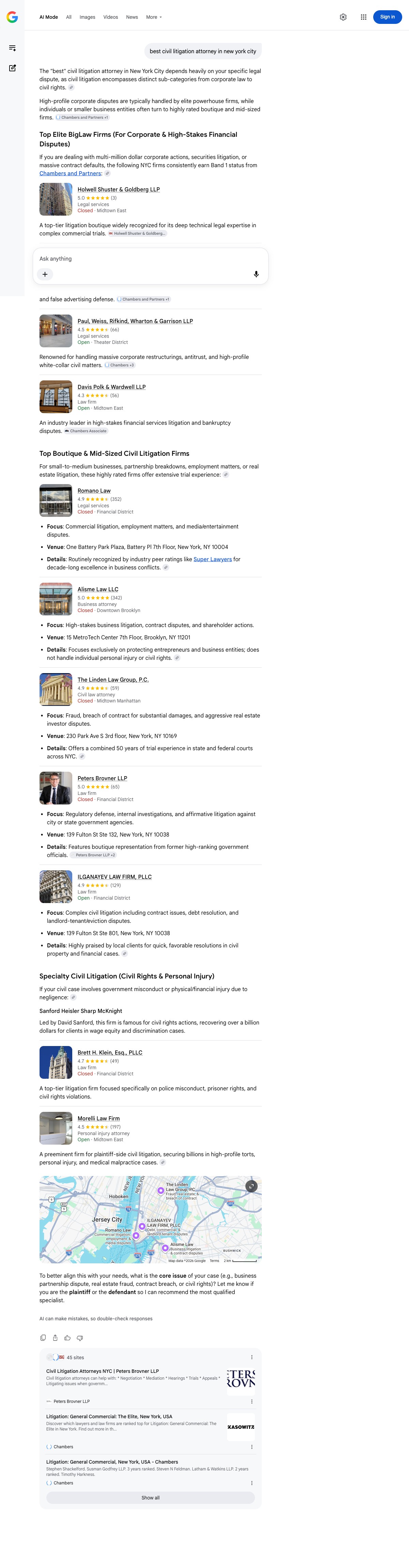 Google AI Mode results for best civil litigation attorney in NYC