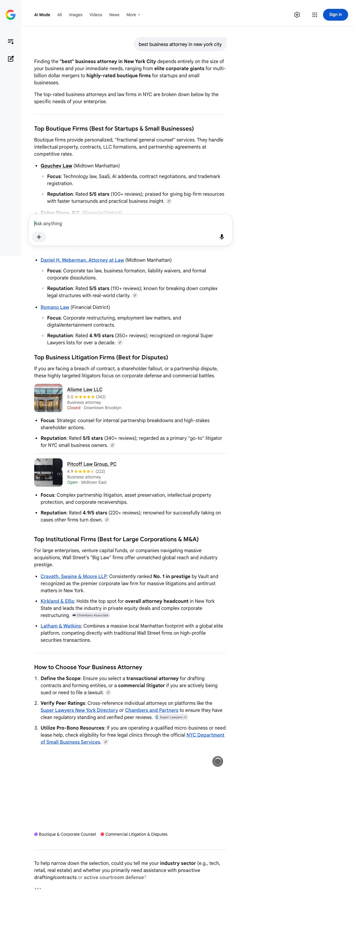 Google AI Mode results for best business attorney in NYC