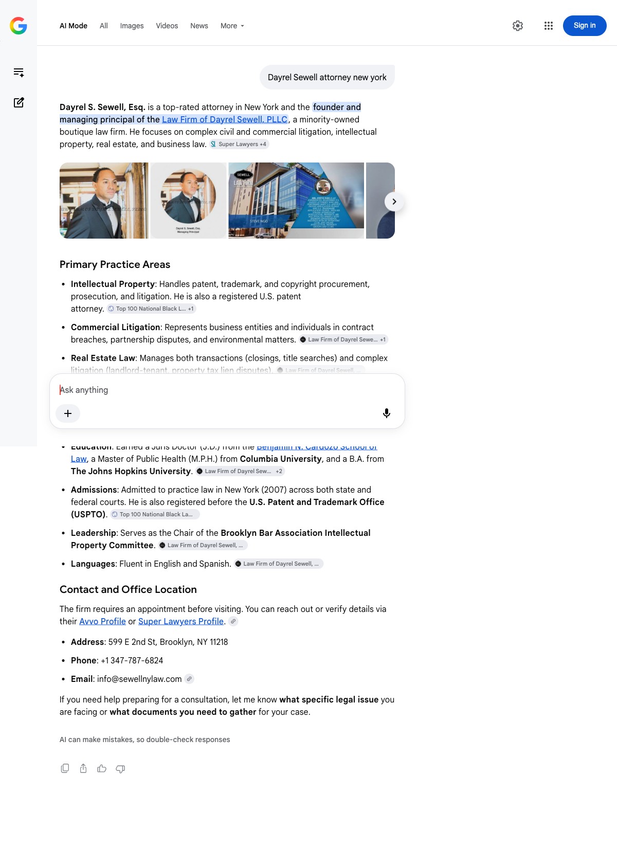 Google AI Mode results for Dayrel Sewell attorney